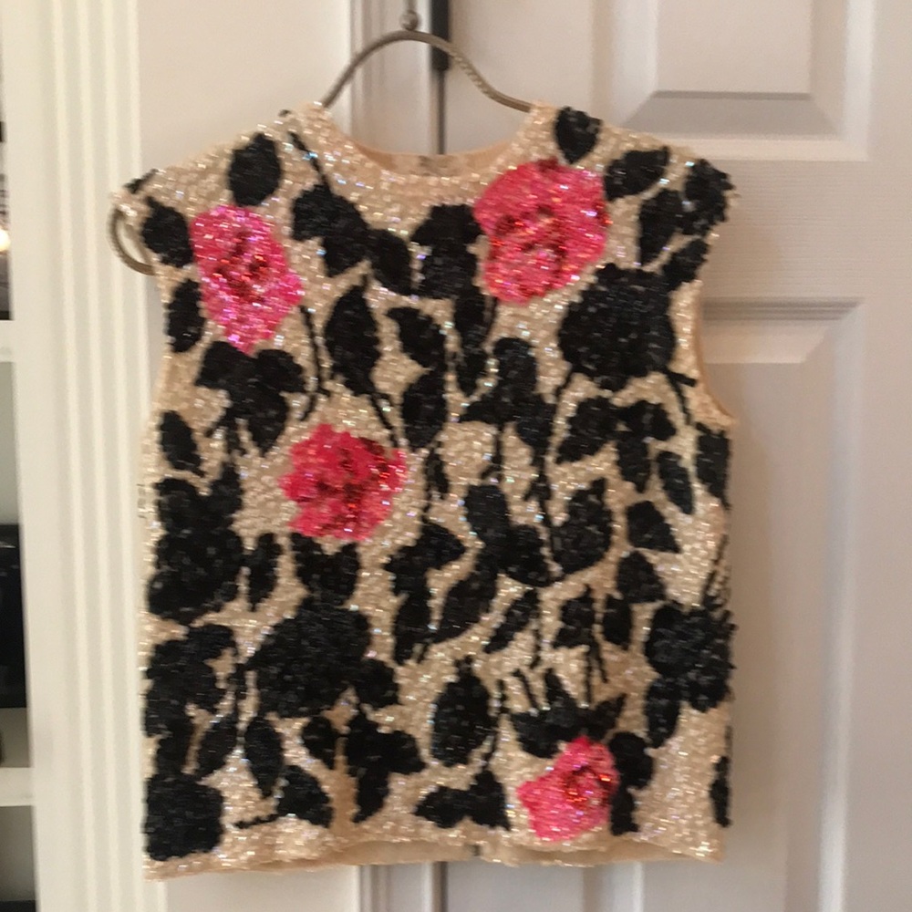 Floral Sequin Vintage Top - Black , Pink with a creamy background
